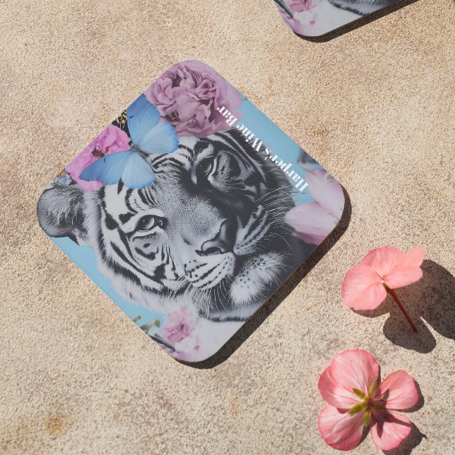 Retro Pop Art Tiger and Butterflies Collage Beverage Coaster (Creator Uploaded)