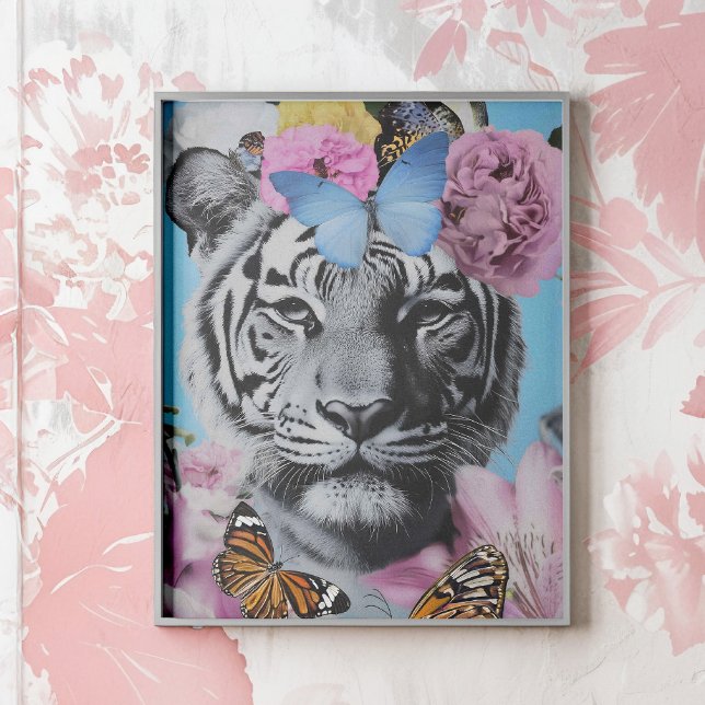 Retro Pop Art Tiger and Butterflies Collage Poster (Retro-inspired collage featuring a striking tiger adorned with soft florals and butterflies. )