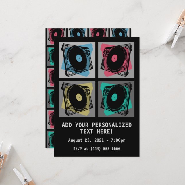 Retro Pop Art Turntables Invitation (Front/Back In Situ)