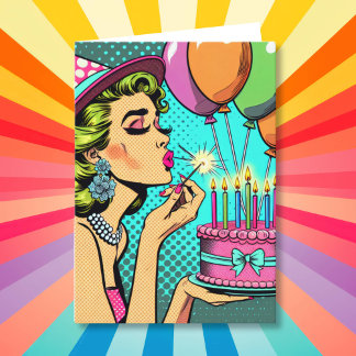 Retro Pop Art Woman Holding a Cake Happy Birthday Card