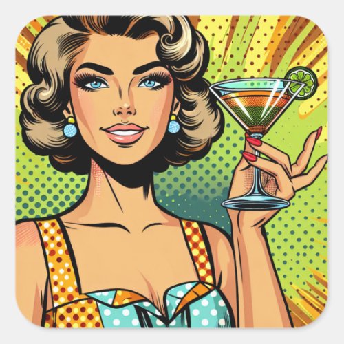 Retro Pop Art Woman with Cocktail  Cheers Square Sticker