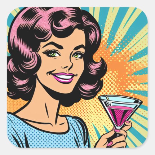 Retro Pop Art Woman with Cocktail Square Sticker