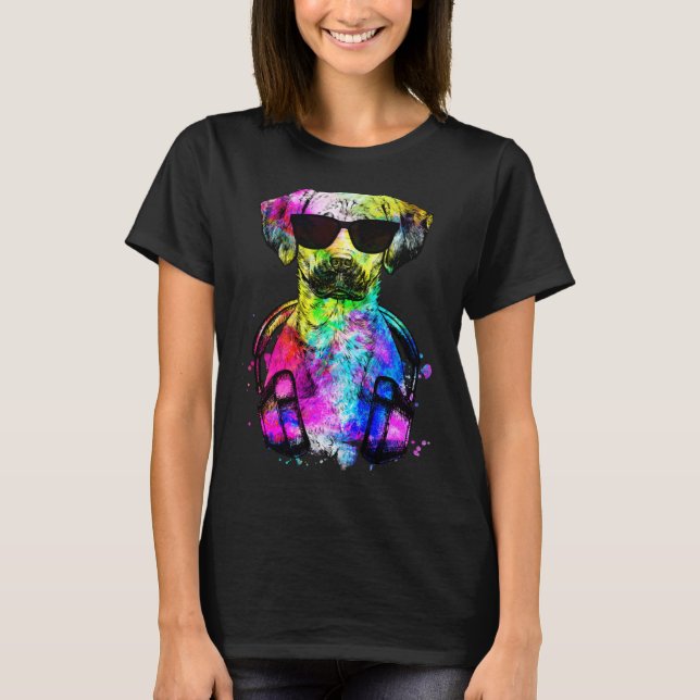 Retro Pop Black Mouth Cur Dog Portrait with Headph T-Shirt (Front)