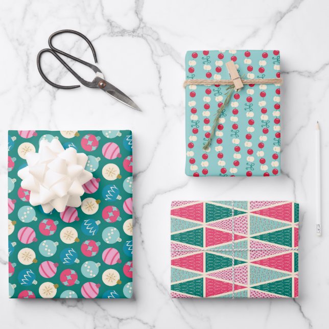 Retro Pop Christmas Set 3 Wrapping Paper Sheets (Front)