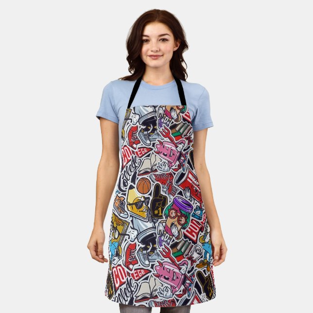 Retro Pop Culture Apron – Fun & Vibrant Design (Worn)