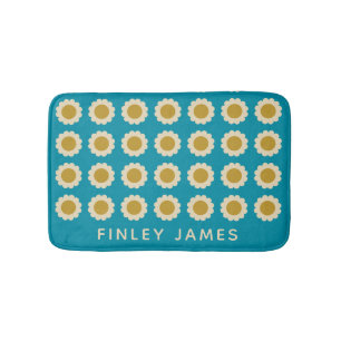 Retro Pop Flowers Pattern Turquoise Personalized Bath Mat