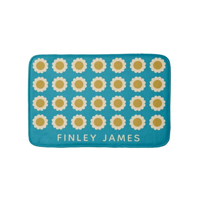 Retro Pop Flowers Pattern Turquoise Personalized Bath Mat (Front)