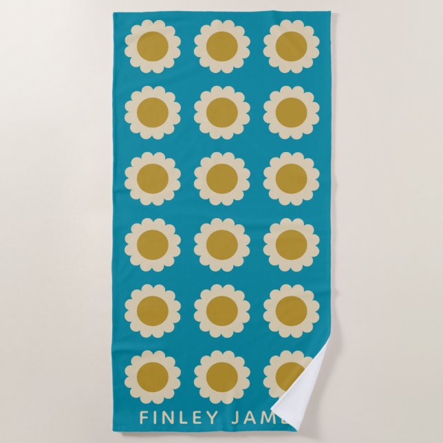 Retro Pop Flowers Pattern Turquoise Personalized Beach Towel (Front)