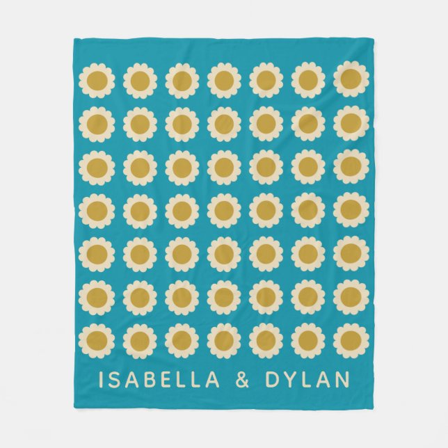 Retro Pop Flowers Pattern Turquoise Personalized Fleece Blanket (Front)