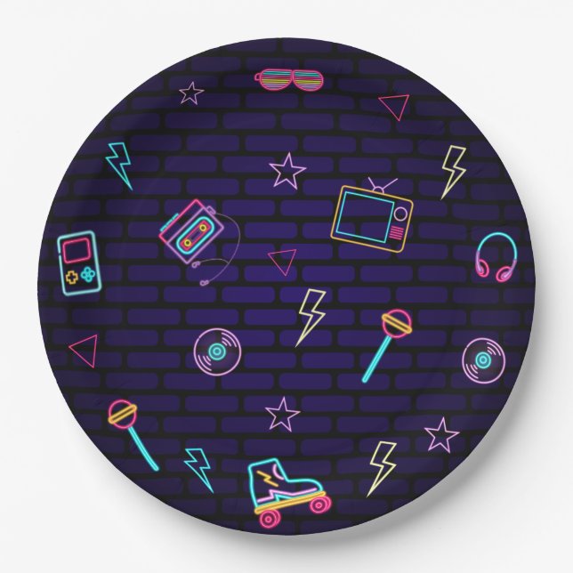 Retro Pop Neon Kids’ Birthday Bash  Paper Plates (Front)