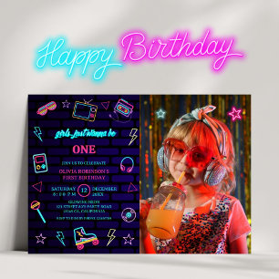 Retro Pop Neon Kids’ Photo Birthday Bash Invitation