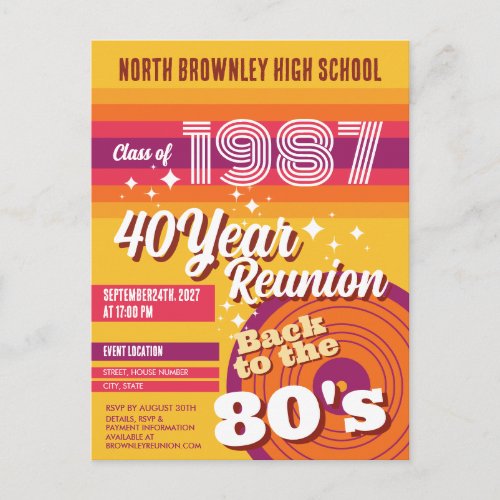 Retro pop school class reunion invitation postcard