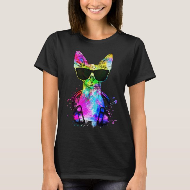 Retro Pop Sphynx Cat Portrait with Headphones T-Shirt (Front)