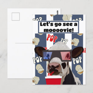 Retro Popcorn Loving Cow Movie Invite Postcard 