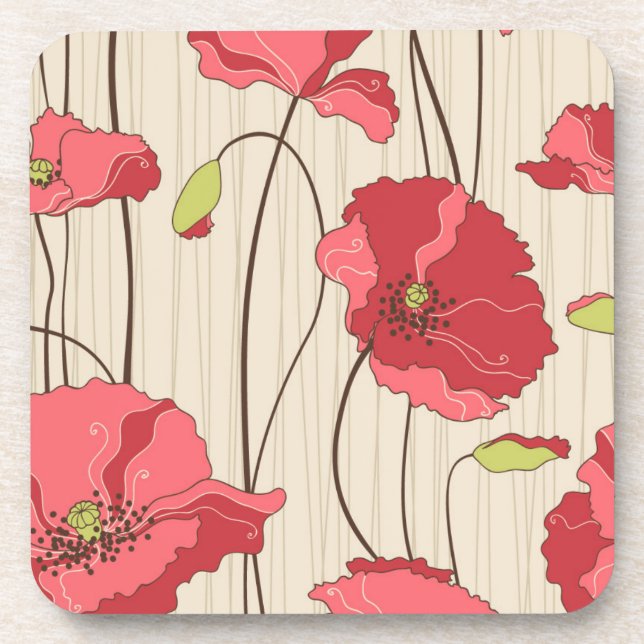 Retro Poppies Pattern Coaster (Front)