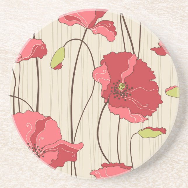 Retro Poppies Pattern Coaster (Front)