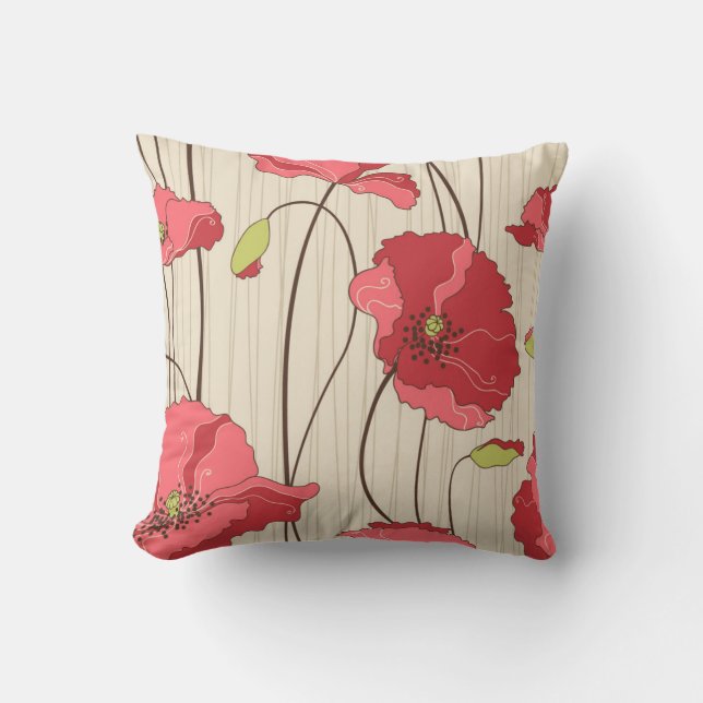 Retro Poppies Pattern Throw Pillow (Front)