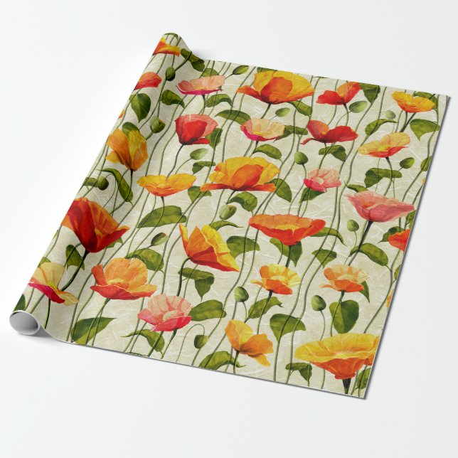 Retro Poppies Wrapping Paper (Unrolled)