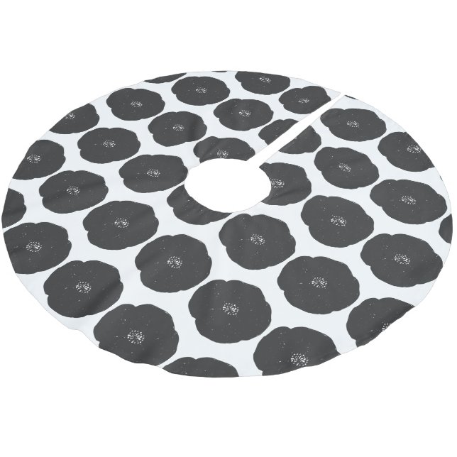 Retro Poppy Floral Art Pattern in Black and White Brushed Polyester Tree Skirt (Angled)