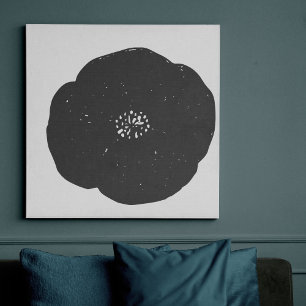 Retro Poppy Floral Art Pattern in Black and White Faux Canvas Print