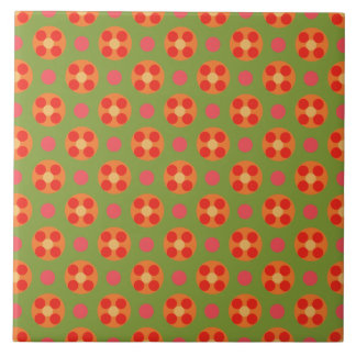 Retro Poppy Red Flowers and Polka Dots on Green Tile
