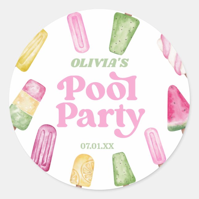 Retro Popsicle Birthday Pool Party Classic Round Sticker (Front)