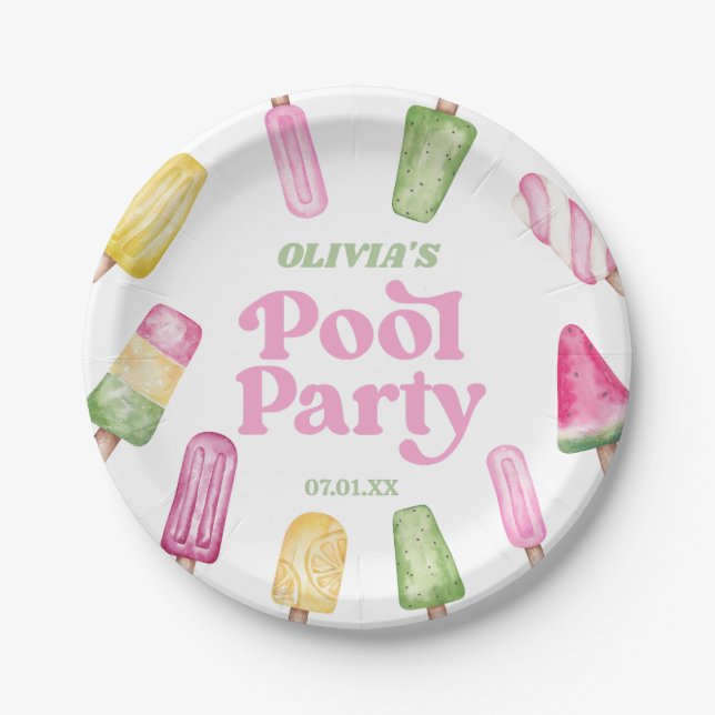 Retro Popsicle Birthday Pool Party Paper Plates (Front)