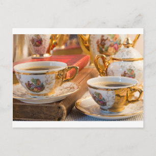 Retro porcelain coffee cups with hot espresso postcard