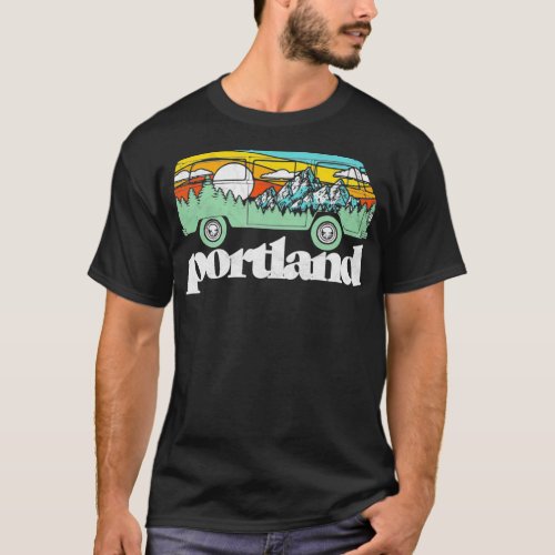 Retro Portland Oregon Hippie Van Mountains Trees   T_Shirt