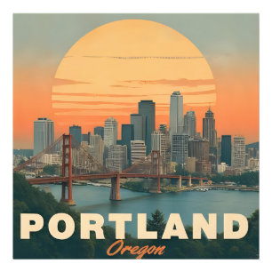 Retro Portland Oregon Skyline Vintage Travel  Photo Print