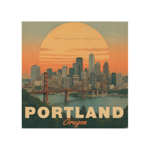 Retro Portland Oregon Skyline Vintage Travel  Wood Wall Art