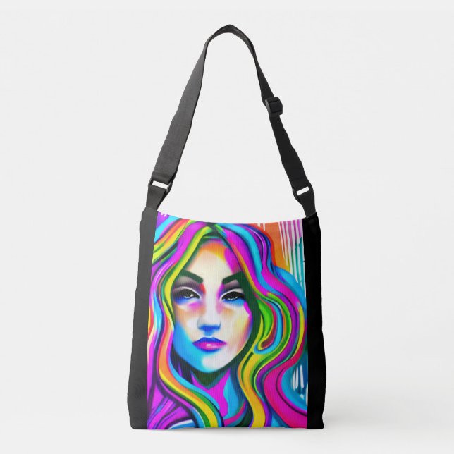Retro Portrait of a Woman with Rainbow Hair Crossbody Bag (Front)