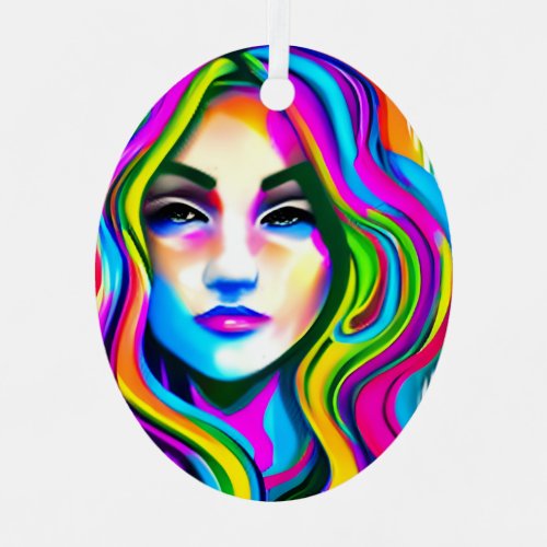 Retro Portrait of a Woman with Rainbow Hair Metal Ornament