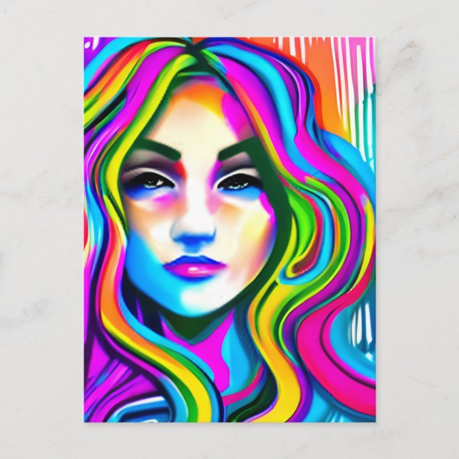 Retro Portrait of a Woman with Rainbow Hair Postcard (Front)