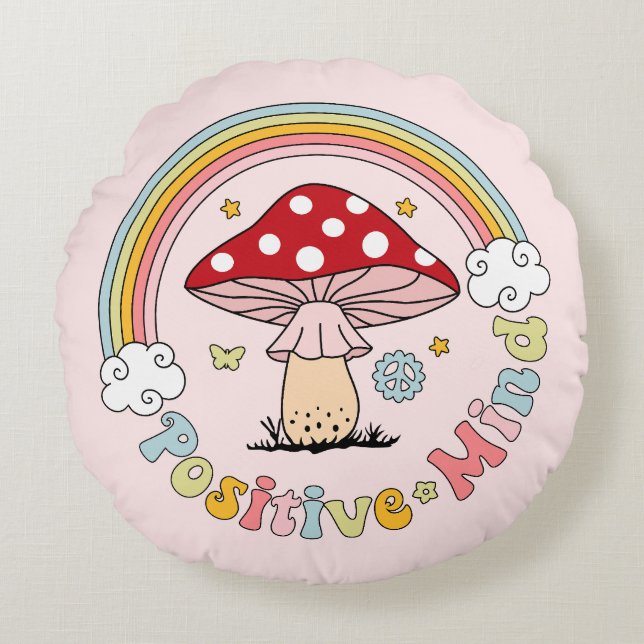 Retro Positive Mushroom Boho Hippie Throw Pillow (Front)
