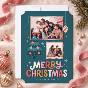 Retro Postage Stamp Merry Christmas Collage Holiday Card