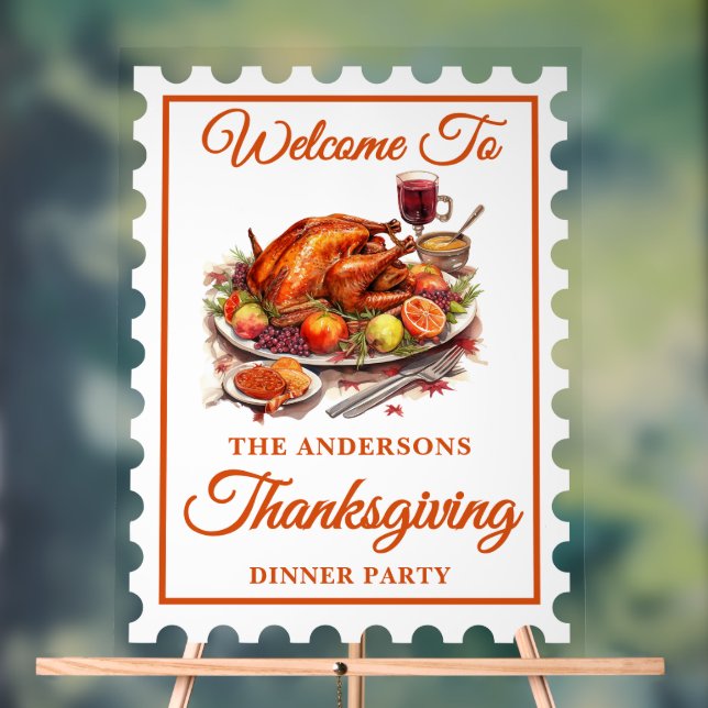 Retro Postage Stamp Thanksgiving Welcome Acrylic Sign (Neutral)