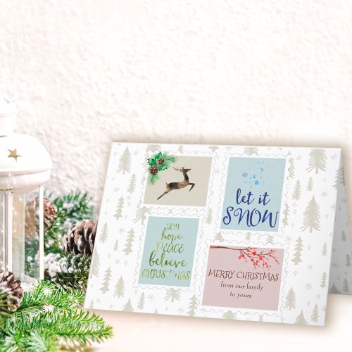 Retro Postage Stamps and Christmas Tree Holiday Card