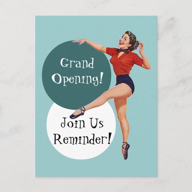 Retro Postcard Happy Lady Grand Opening Announce (Front)