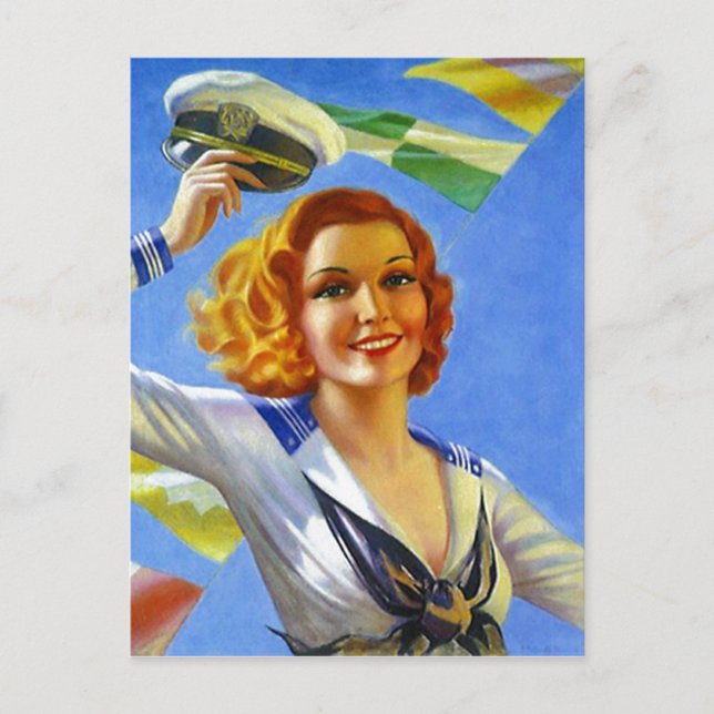 Retro Postcard Sailor's Gal Pin-Up Girl Sailing (Front)