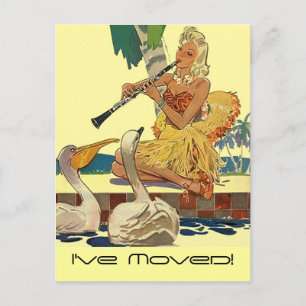 Retro Postcard Vintage Lady Pool Side Swans Tropic