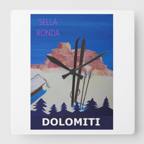 Retro Poster Dolomiti Italy at Sella Ronda Square Wall Clock