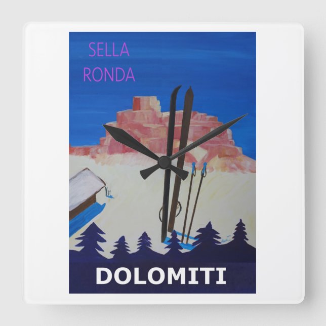 Retro Poster Dolomiti Italy at Sella Ronda Square Wall Clock (Front)