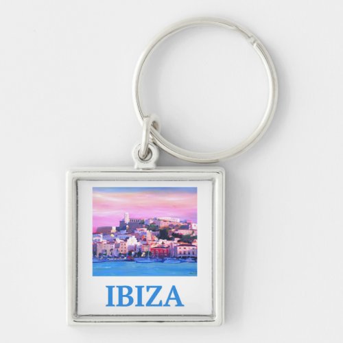 Retro Poster Ibiza Old Town and Harbour Keychain