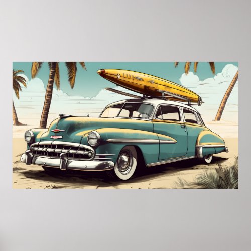 Retro Poster of a Vintage Car with a Surfboard 