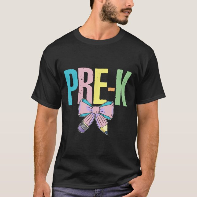 Retro Pre-k Coquette Bow Pencil First Day Back To  T-Shirt (Front)
