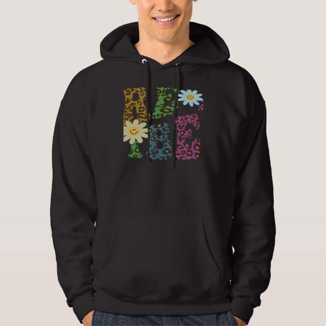 Retro PRE K VIBES Teacher Peace Love PreK Pink Hoodie (Front)