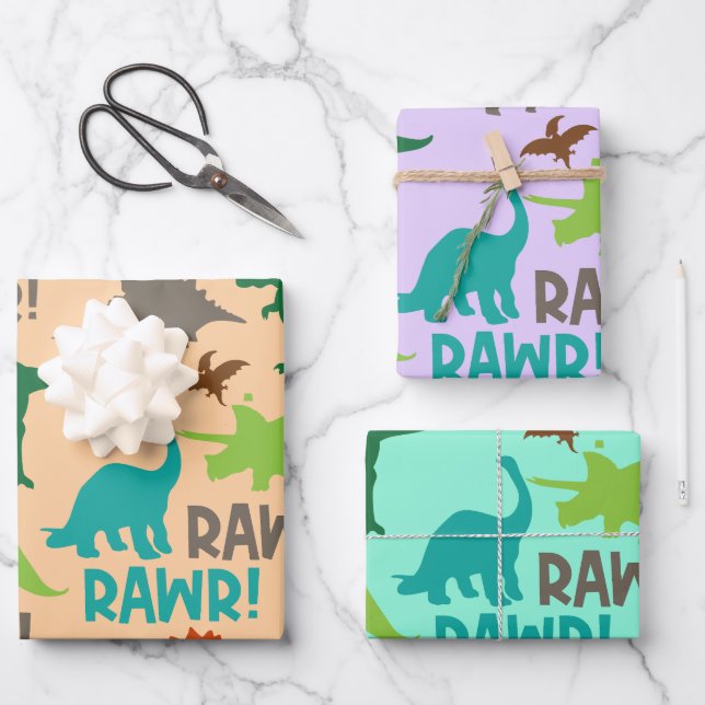  Retro Prehistoric Dinosaurs Birthday Gift Wrapping Paper Sheets (Front)