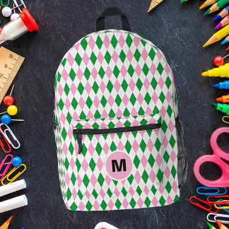 Retro Preppy Argyle Pink And Green Monogram Printed Backpack