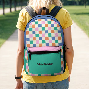 Retro Preppy Colorful Checkered Colorblock Printed Backpack